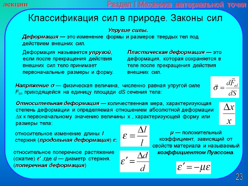 23 лекции Раздел I Механика материальной точки Классификация сил в природе. Законы сил 